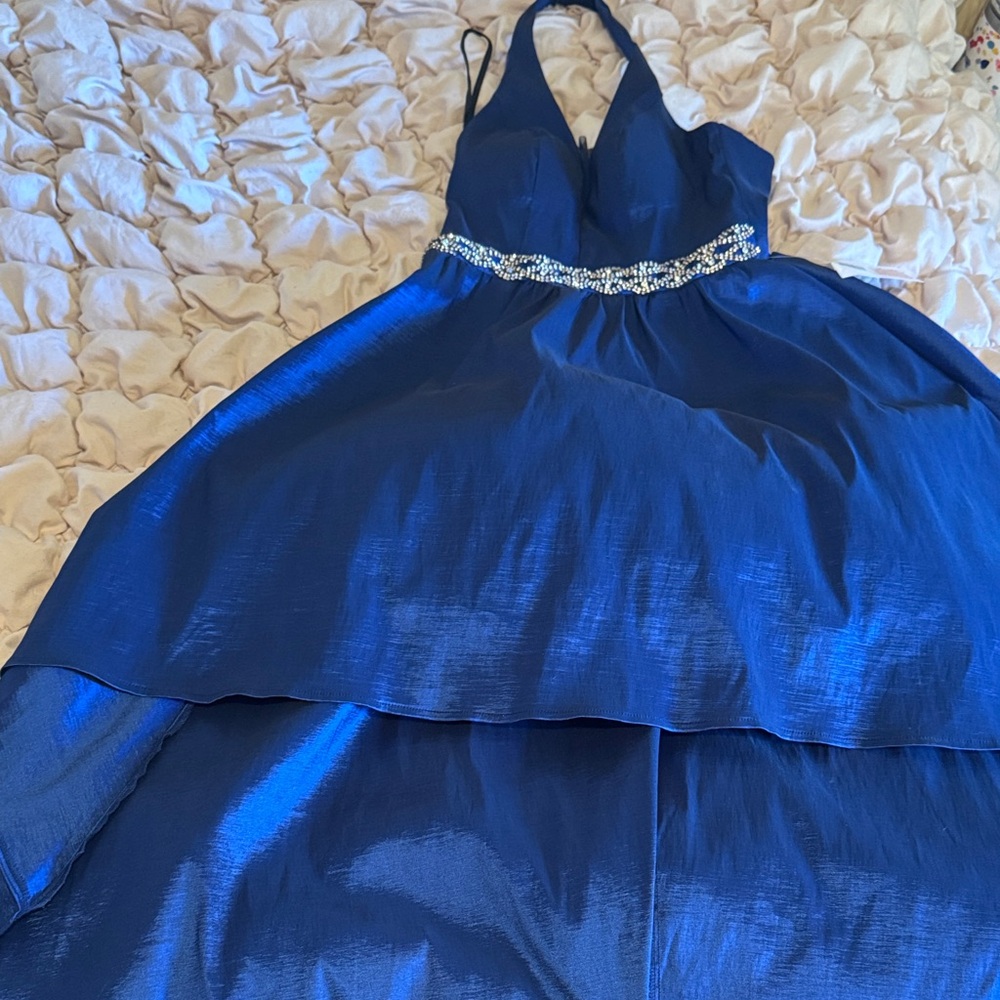 Elegant Blue Halter Gown with Embellished Waist